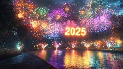 A vivid fireworks display over a sparkling river with 2025glowing in colorful lights
