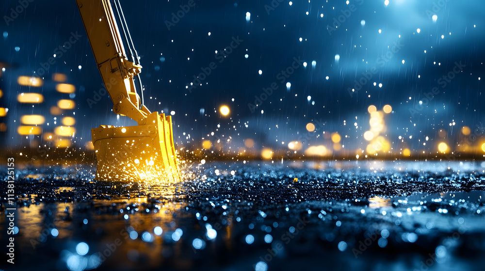 Aufkleber a close-up shot of a brush creating splashes in the rain-soaked street at night, illuminated by dist