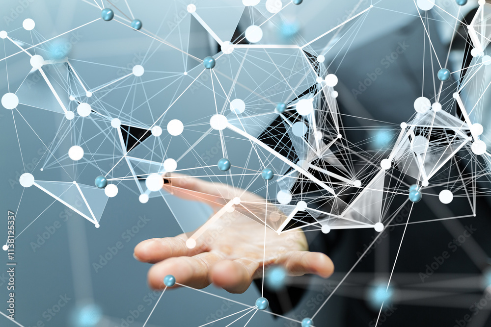 Aufkleber Global network. Blockchain. 3D illustration. Neural networks and artificial intelligence. Abstract