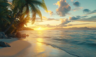 Fototapeta premium A stunningly realistic beach scene in 4K Ultra HD, with crystal clear turquoise waters, golden sands, and lush palm trees swaying in a gentle breeze, sunset over the ocean