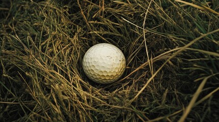 Golf Ball Nestled in Grass with Natural Background and Texture