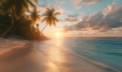Fototapeta premium A stunningly realistic beach scene in 4K Ultra HD, with crystal clear turquoise waters, golden sands, and lush palm trees swaying in a gentle breeze, sunset over the ocean