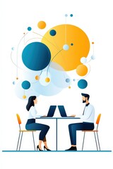 A man and a woman are sitting at a table with laptops in front of them