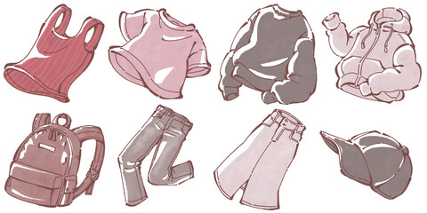 カジュアルなファッションアイテムのイラストセット