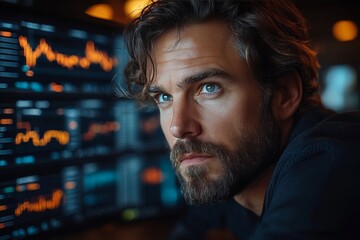 Manager analyzes market trends with AI tools at workspace