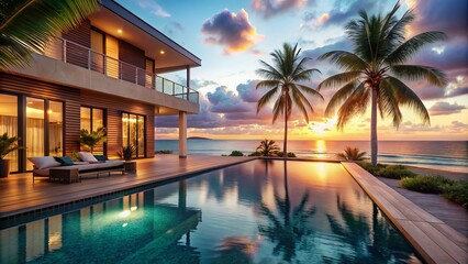 Obraz premium Stunning Oceanfront Beach House with Infinity Pool - Luxury Coastal Property Photography