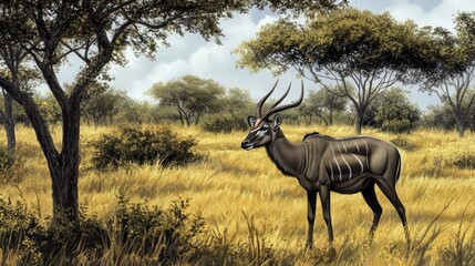 Fototapeta premium Majestic kudu standing gracefully in a golden savanna landscape
