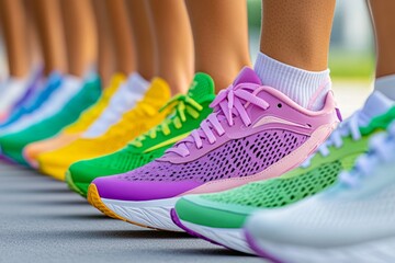 Feet in running shoes standing at a starting line, poised and ready for a race, with a determined atmosphere