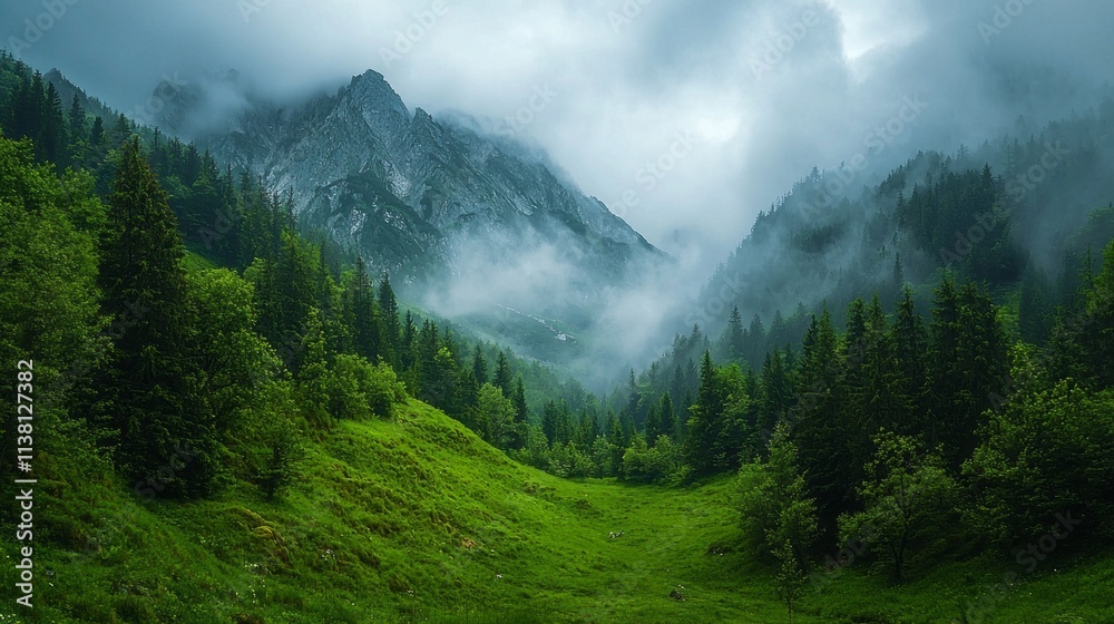 Poster a mountain range covered in trees and fog