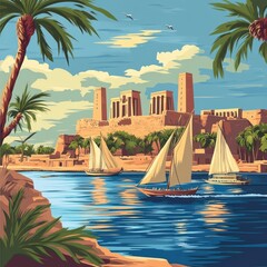 Obraz premium Illustration of Ancient Aswan Egypt with Sailboats on the Nile River, Historic Temples, Palm Trees, and Bright Blue Sky with Scenic Reflections