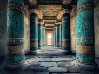 ancient columns line a corridor with sunlight at the end