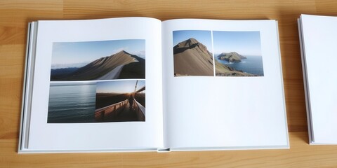 An open vertical photo album mockup displayed on a wooden table with blank pages for customization, portfolio, customizable, concept