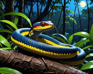 Fototapeta premium Vibrant Venomous Snake in a Tropical Night Forest. A striking close-up of a venomous snake, likely a tricolor pit viper, with vibrant blue and yellow scales, coiled around a tree branch.