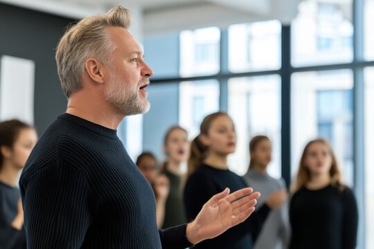 A passionate choir director directing a group of young singers, emphasizing collaboration and creativity in an inspiring music rehearsal setting filled with energy.