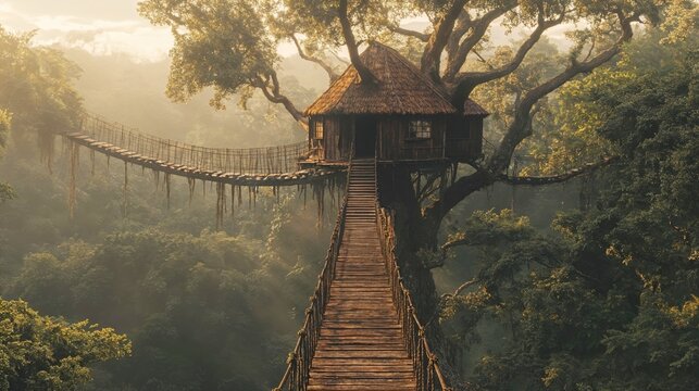 Fototapeta A majestic wooden treehouse with a rope bridge, surrounded by lush green forest and mist, symbolizing adventure, childhood dreams, and natural wonder