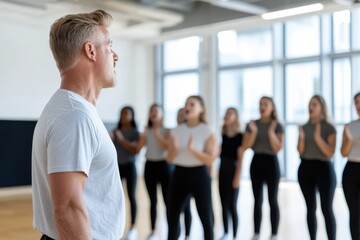 Fototapeta premium A focused male conductor stands in front of a choir, leading them during a practice session in a spacious, well-lit rehearsal studio with large windows.