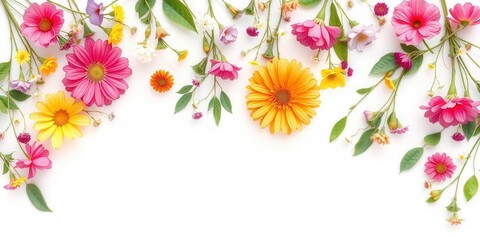 Beautiful spring flowers in vibrant colors blooming on a white paper background, aesthetic, white background, summer