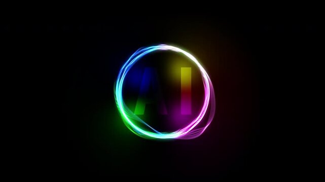 Dynamic circular waveform animation featuring vibrant rainbow colors swirling around the glowing 'AI' text at the center, creating a futuristic and captivating visual on a black background
