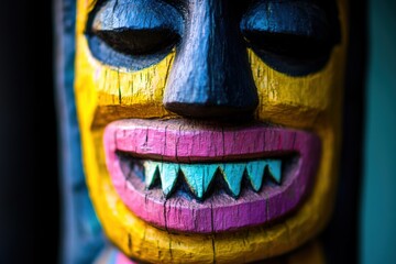 Naklejka premium close up of a colorful carved wooden tiki