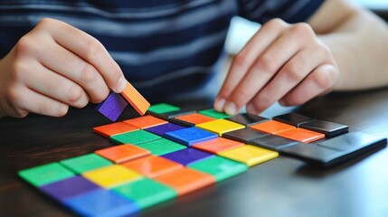 A student using colorful fraction tiles to solve a math problem on a desk