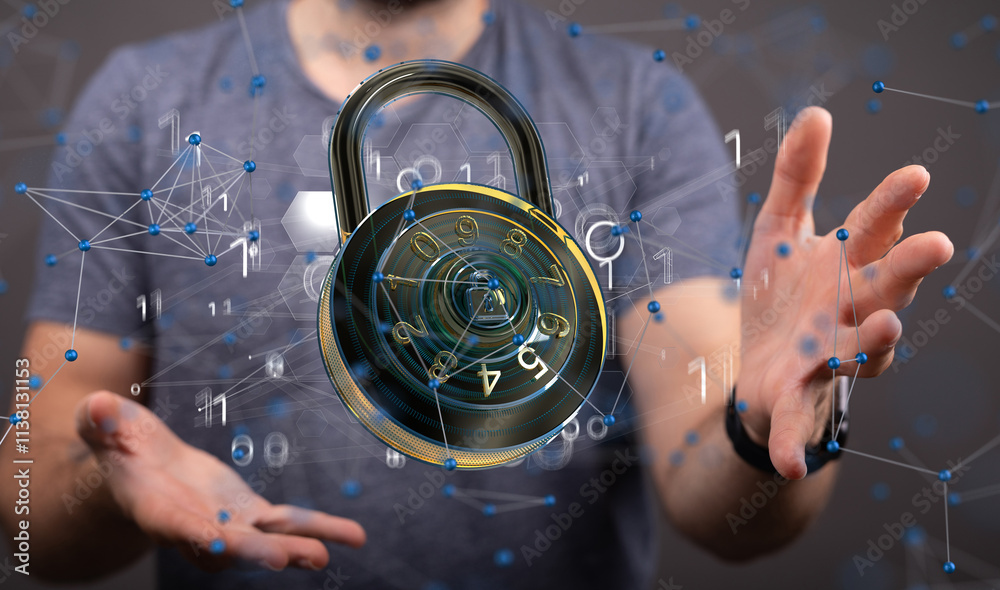 Poster Businessman using digital padlock with data protection 3D rendering