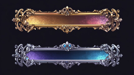Silver and golden vintage game frames, ui medieval borders of gold or steel metal with gems. Cartoon empty metallic bordering with gemstones, isolated design gui elements, Vector illustration, set
