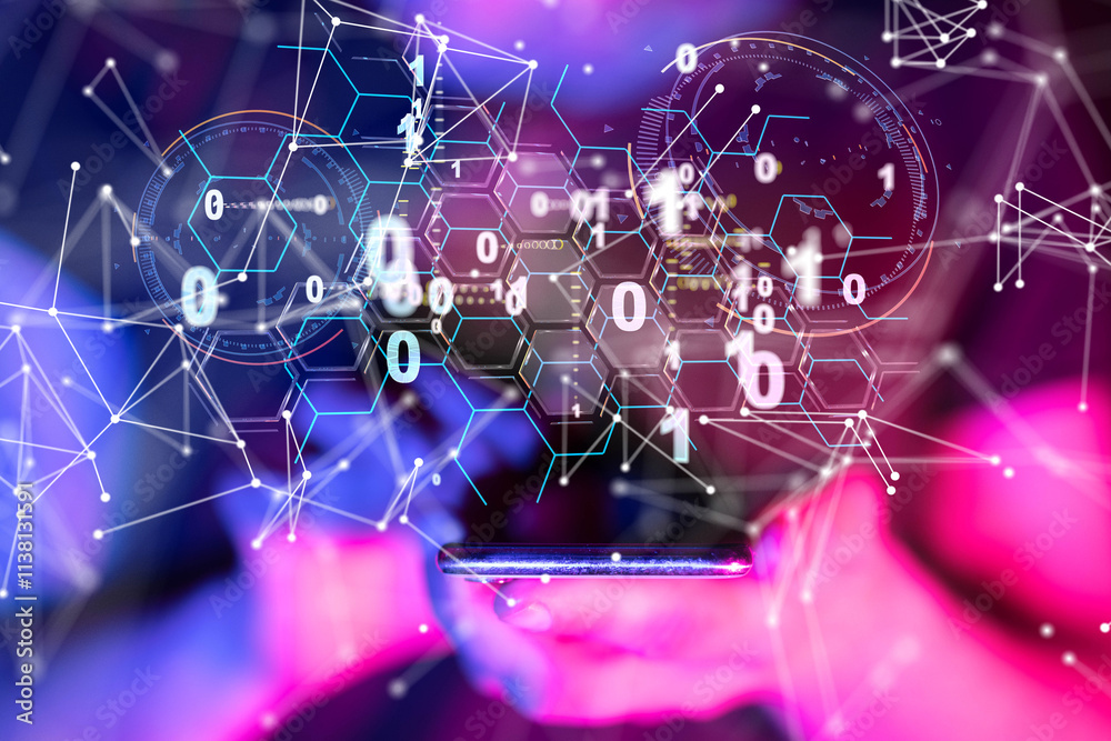 Poster Neural network 3D illustration. Big data and cybersecurity