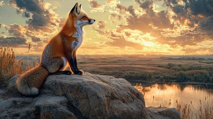 A majestic fox sitting on a rock under the golden glow of sunset, surveying the landscape