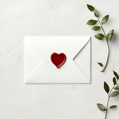 A beautiful white envelope with a heart-shaped red wax seal, accompanied by green leaves, creating...