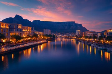 Fototapeta premium Cape town cityscape reflecting on canal at sunset with table mountain