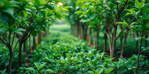 Obraz premium Coffee bean seedlings growing in lush green natural background, representing the concept of growth and sustainability, tranquil, lush, flourishing