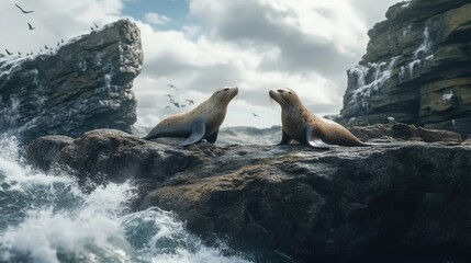 Obraz premium Two Seals Relaxing on a Rocky Shoreline with Ocean Waves