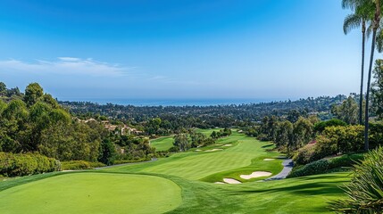 Obraz premium Scenic View of a Lush Green Golf Course Overlooking the Ocean