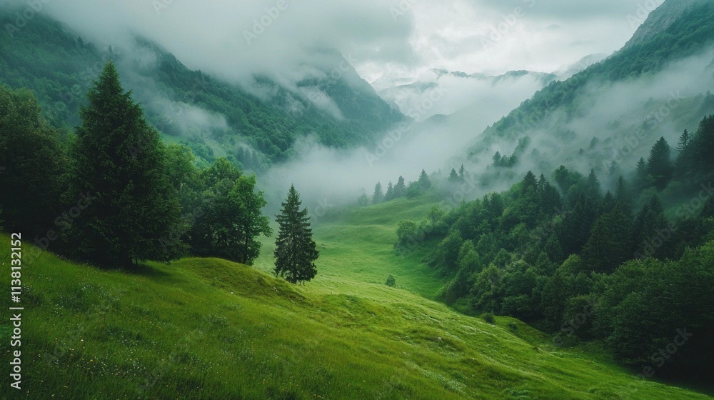 Poster A lush green field with a tree in the middle