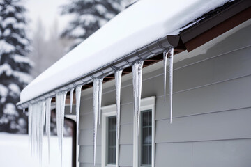 Fototapeta premium Gabled roof of home covered with thick snow and lined with icicles in winter. Snow with icicles on the roof of a guest house
