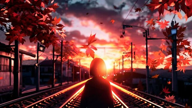 Animation Girl Walking Anime Style Train Line Cartoon