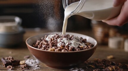 Milk pours smoothly over a bowl of chocolate cereal, highlighting breakfast freshness, rich textures, and a delicious start to the day