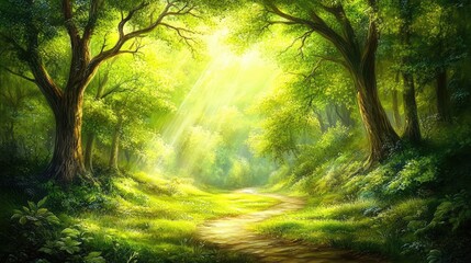 Obraz premium Serene Forest Pathway with Sunlight Filtering Through Green Foliage