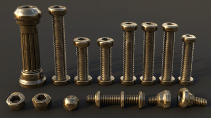 Creative vector illustration of steel brass bolts, metal screws, iron nails, rivets, washers, nuts hardware side view isolated on transparent background.