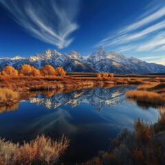 Obraz premium a mountain range reflects on a calm lake during daytime