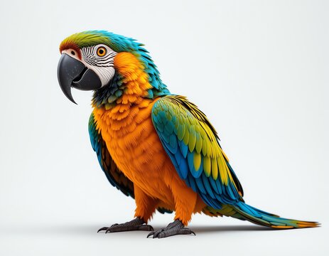 A colorful blue and yellow macaw bird with bright feathers isolated on a white background
