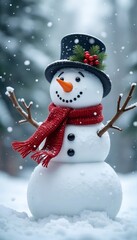Cheerful snowman wearing a black top hat and red scarf in a snowy winter landscape