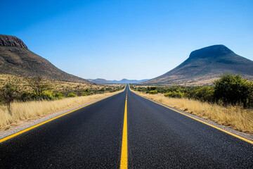 A wide road leads into the distance of an African desert landscape, with a clear blue sky and a distant mountain range on one side of the scene.