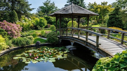 Fototapeta premium Serene Garden with Bridge and Gazebo Surrounded by Lush Flora