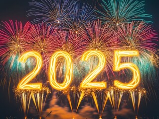 Colorful fireworks forming the numbers 2025in a brilliant midair explosion