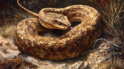 Fototapeta premium Close-Up of a Coiled Desert Snake in Natural Habitat