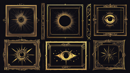 Art deco arch frames with vector borders of gold line geometric pattern. Luxury golden arches with elegant ornaments of geometric shapes, stars, eye and sun. Vintage art deco frame borders set