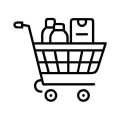 shopping cart with local products icon, small business line art, business icon - simple black line art icon of shopping cart with local products, for small business celebrations. business vector art.