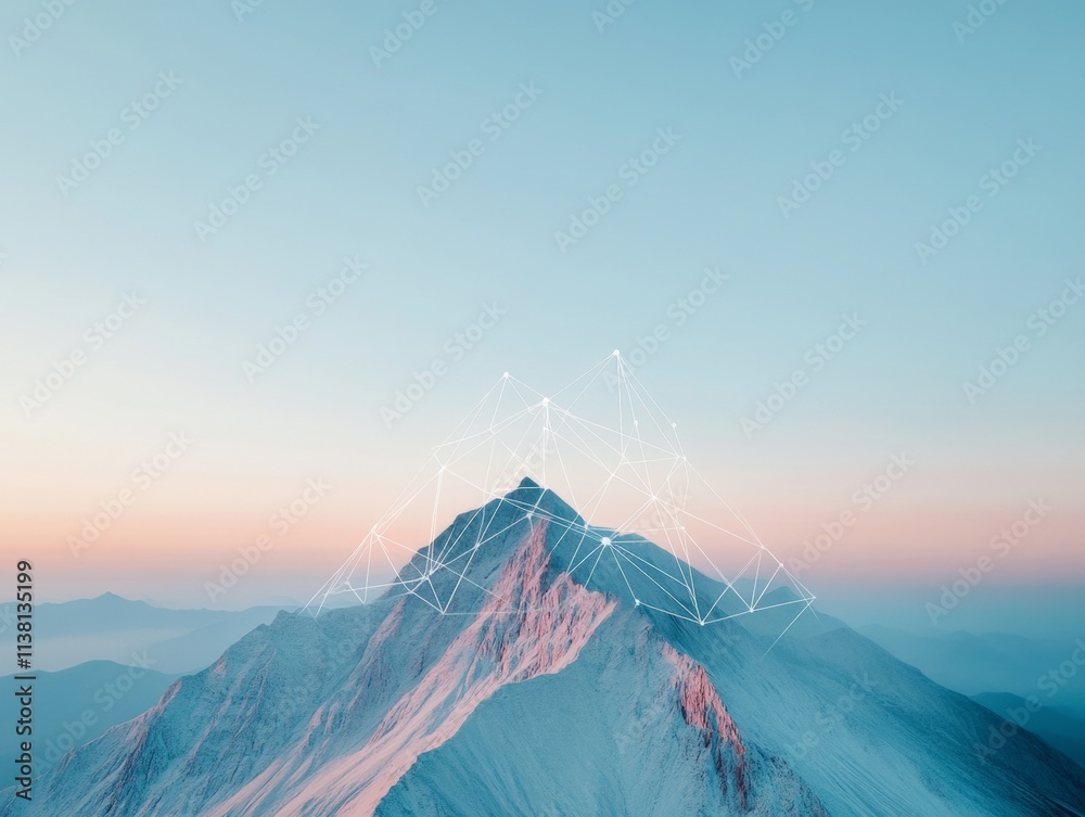 Fototapete geometric network on mountain range under clear sky digital connectivity and blockchain concept