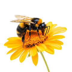 A bee pollinating a flower, displayed on a transparent background, ideal for nature-themed designs, educational materials on pollination, or ecological awareness campaigns.